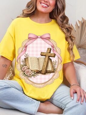 Gildan Yellow Short Sleeve Tee with Pink Ribbon Cross & Bible Graphic
